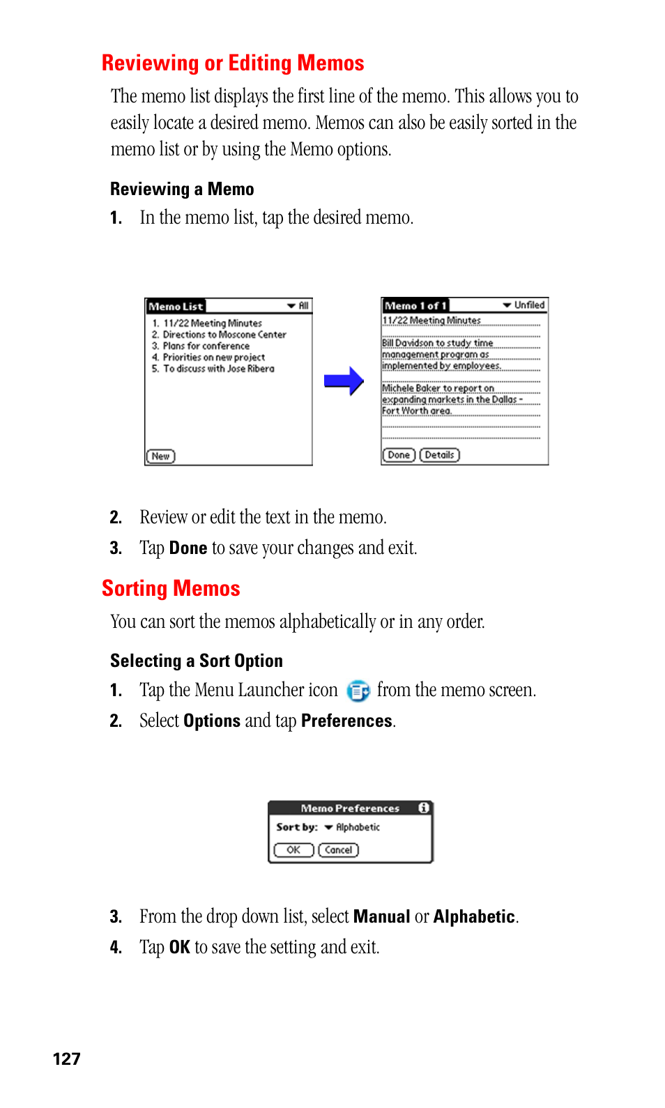 Reviewing or editing memos, Reviewing a memo, Sorting memos | Selecting a sort option | Samsung SPH-I330 User Manual | Page 131 / 206