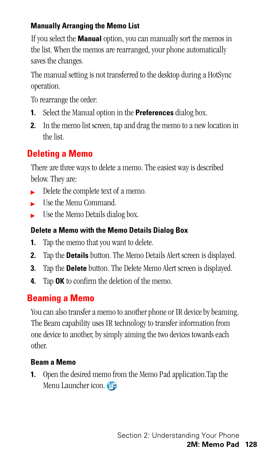 Manually arranging the memo list, Deleting a memo, Delete a memo with the memo details dialog box | Beaming a memo, Beam a memo | Samsung SPH-I330 User Manual | Page 132 / 206