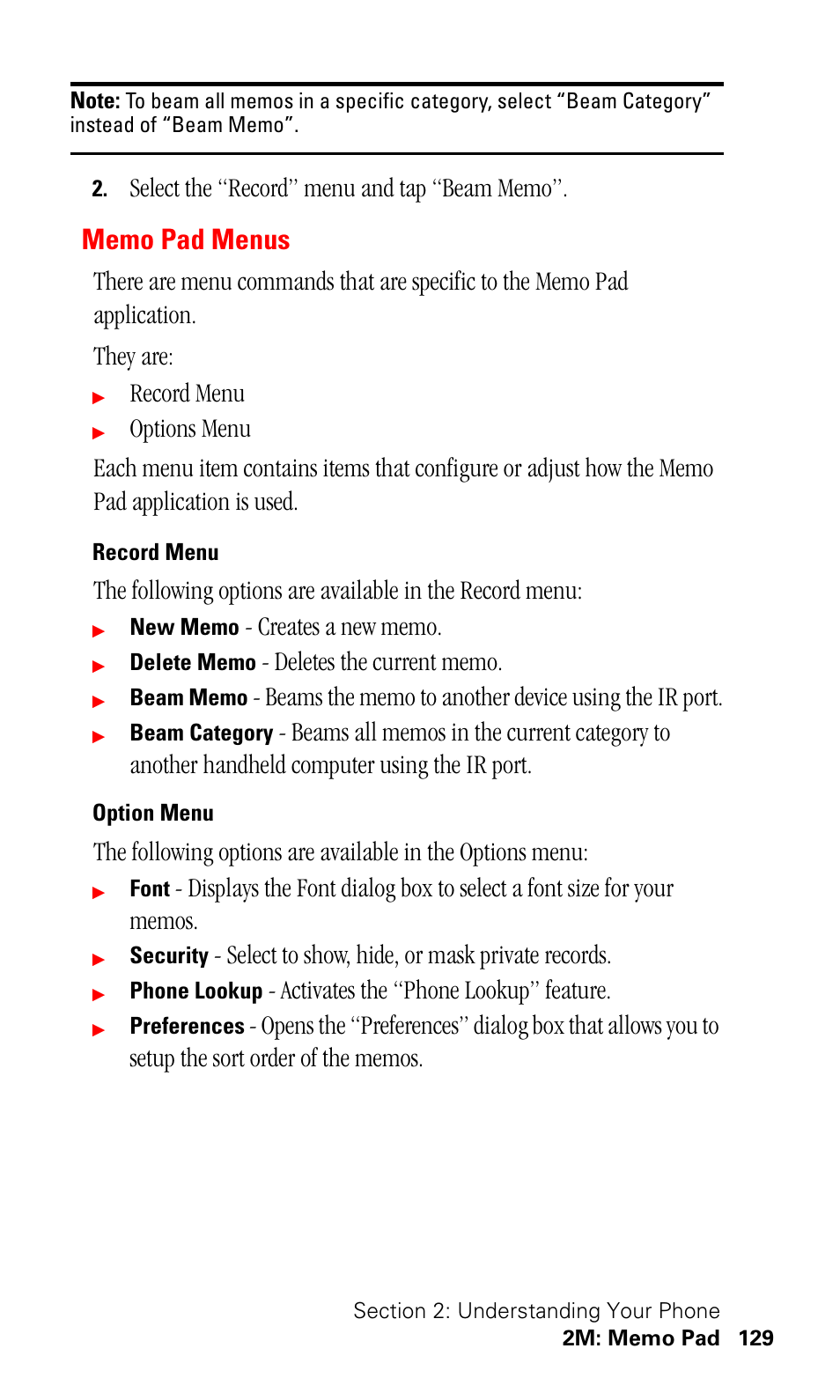 Memo pad menus, Record menu, Option menu | Select to show, hide, or mask private records, Activates the “phone lookup” feature | Samsung SPH-I330 User Manual | Page 133 / 206