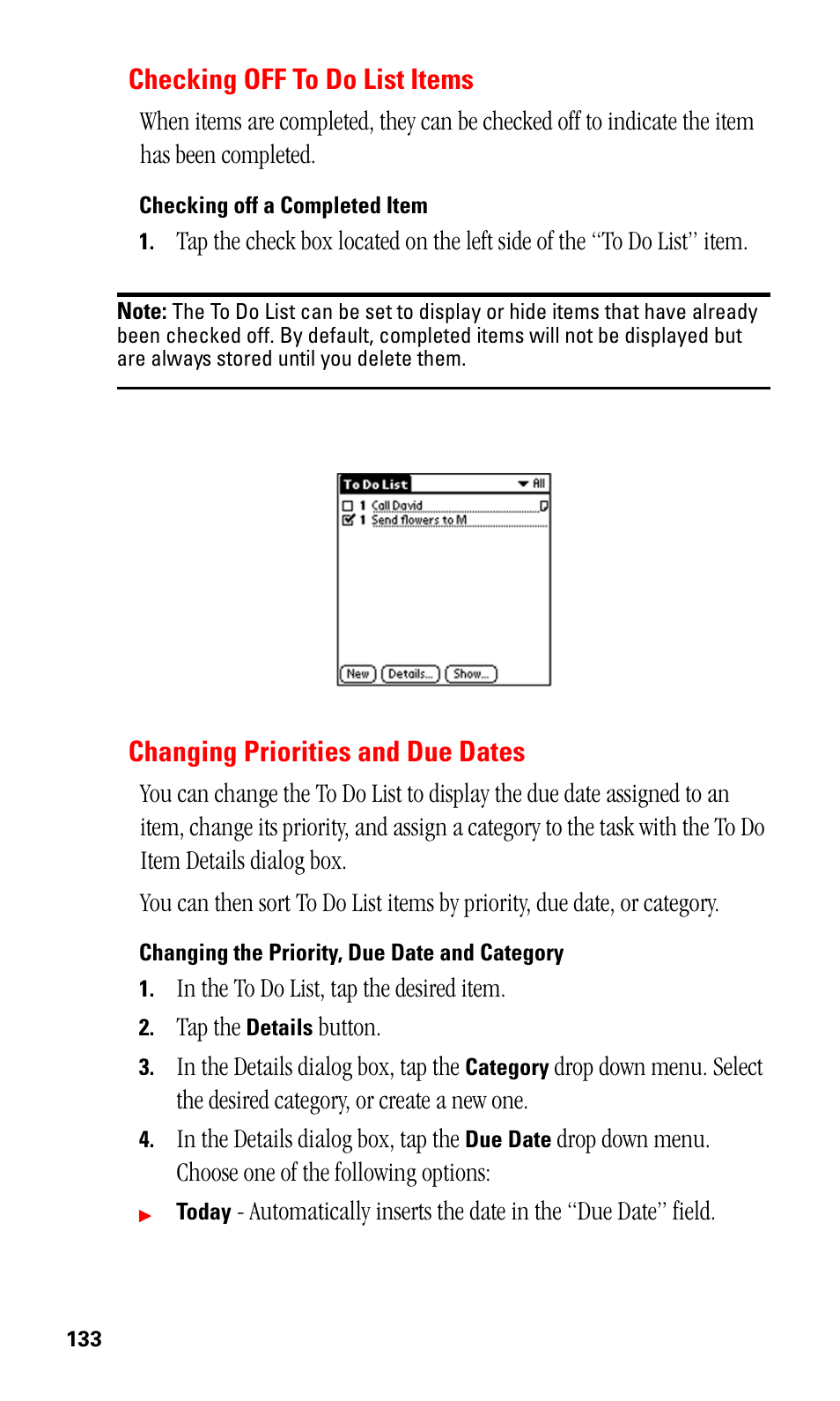 Checking off to do list items, Checking off a completed item, Changing priorities and due dates | Changing the priority, due date and category | Samsung SPH-I330 User Manual | Page 137 / 206