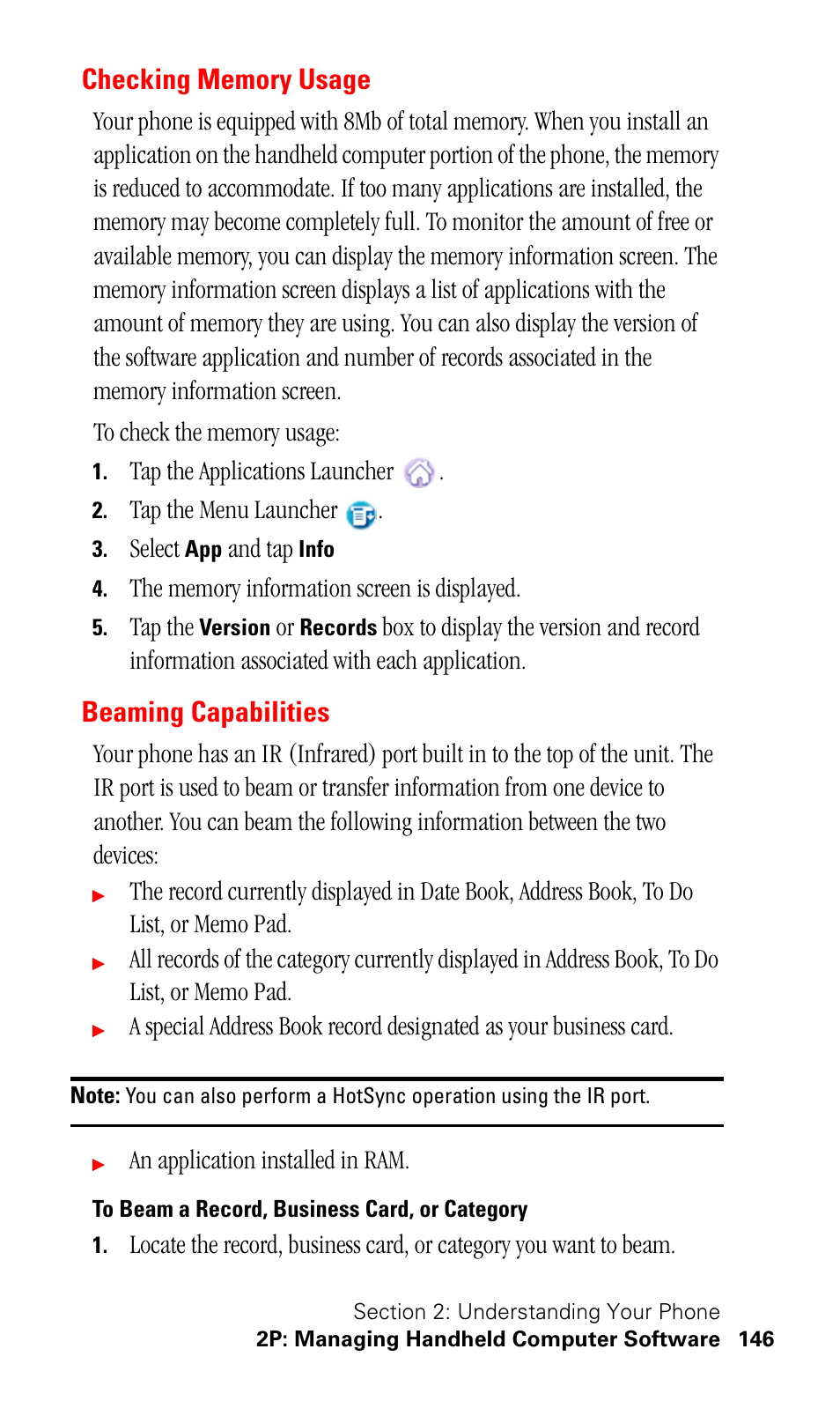 Checking memory usage, Beaming capabilities, To beam a record, business card, or category | Samsung SPH-I330 User Manual | Page 150 / 206