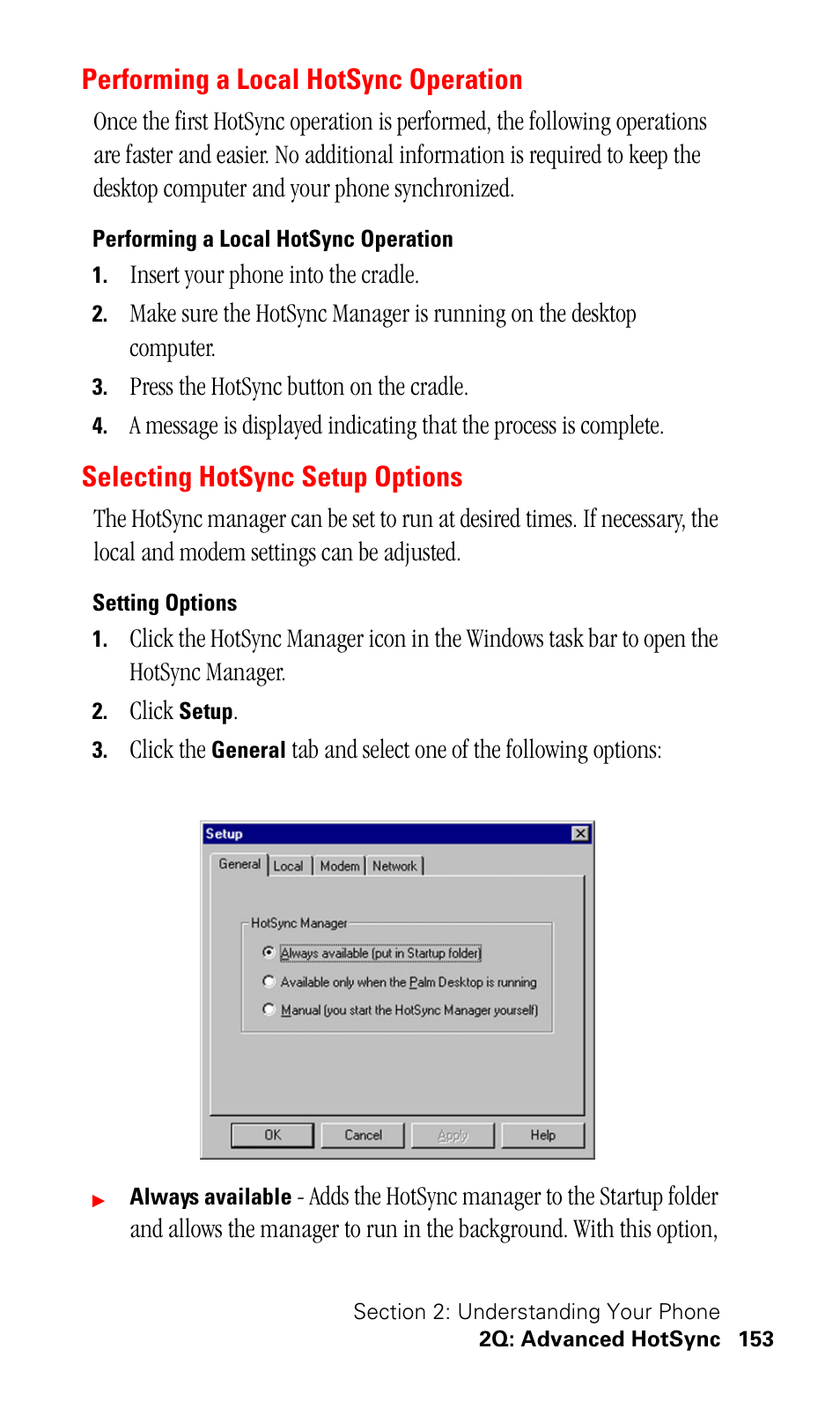 Performing a local hotsync operation, Selecting hotsync setup options, Setting options | Samsung SPH-I330 User Manual | Page 157 / 206