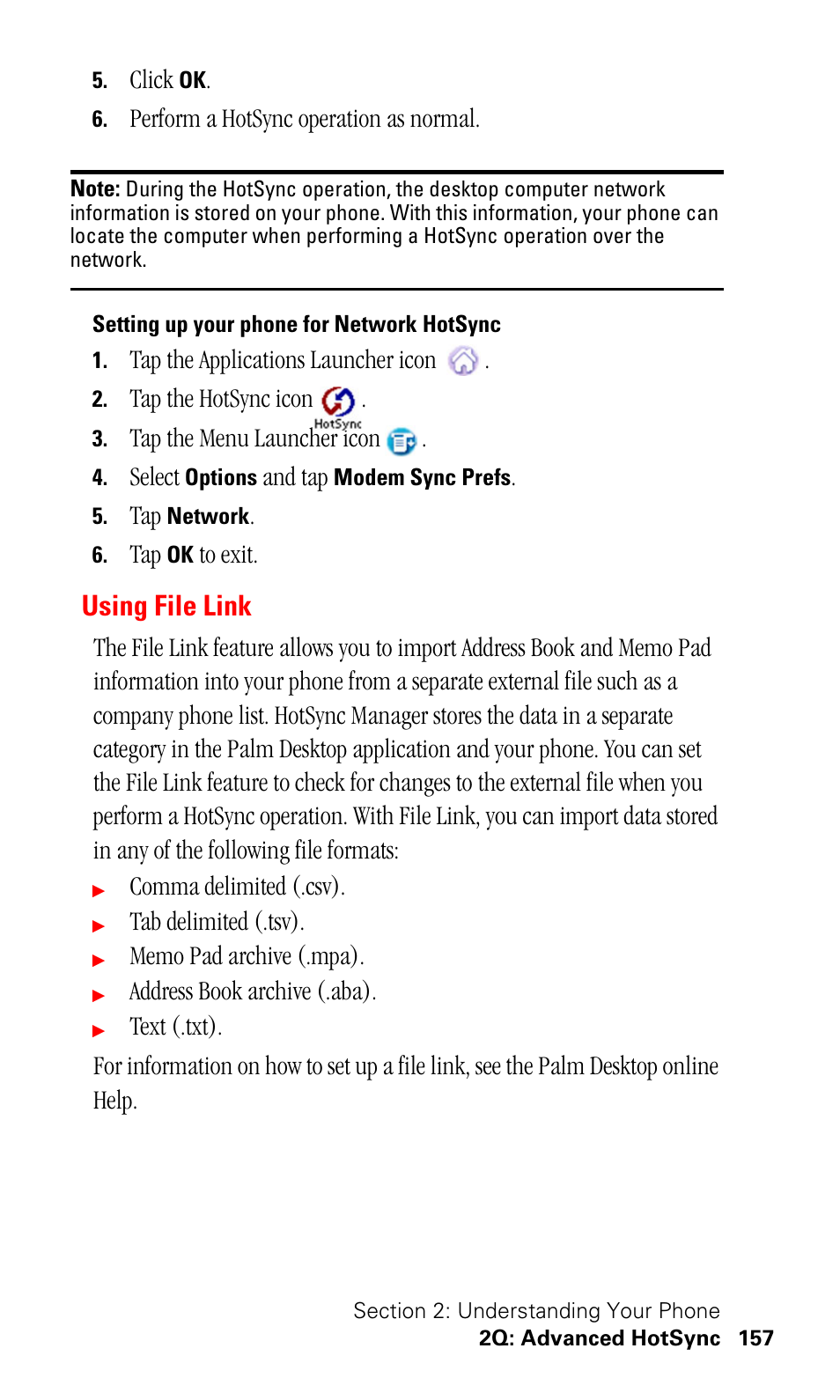 Setting up your phone for network hotsync, Using file link | Samsung SPH-I330 User Manual | Page 161 / 206