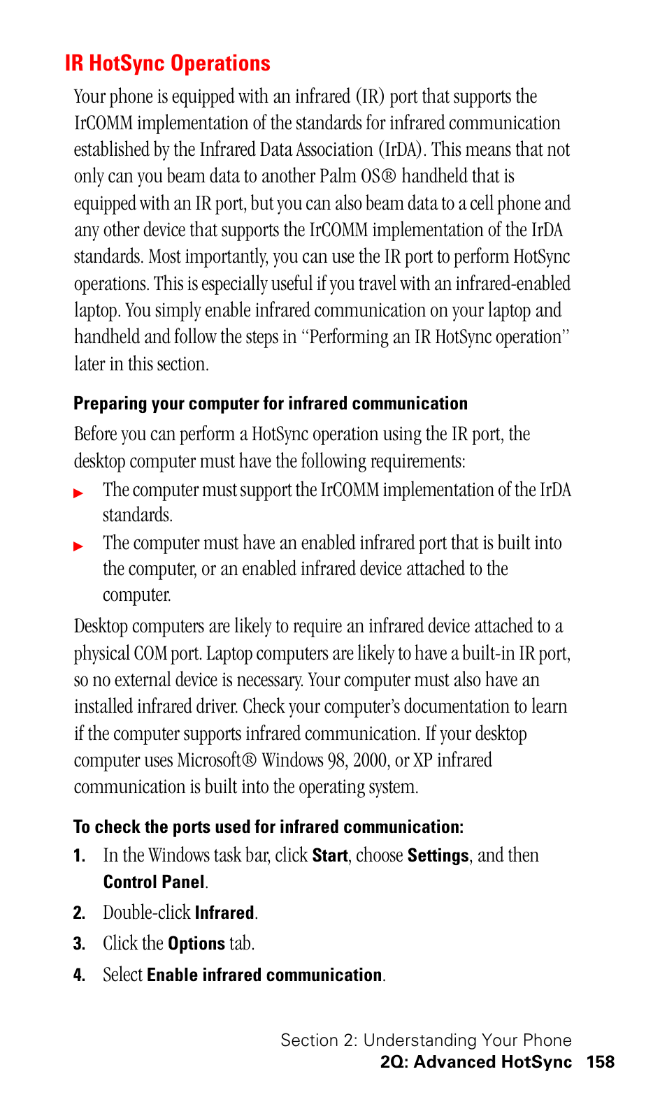 Ir hotsync operations, Preparing your computer for infrared communication, To check the ports used for infrared communication | Samsung SPH-I330 User Manual | Page 162 / 206