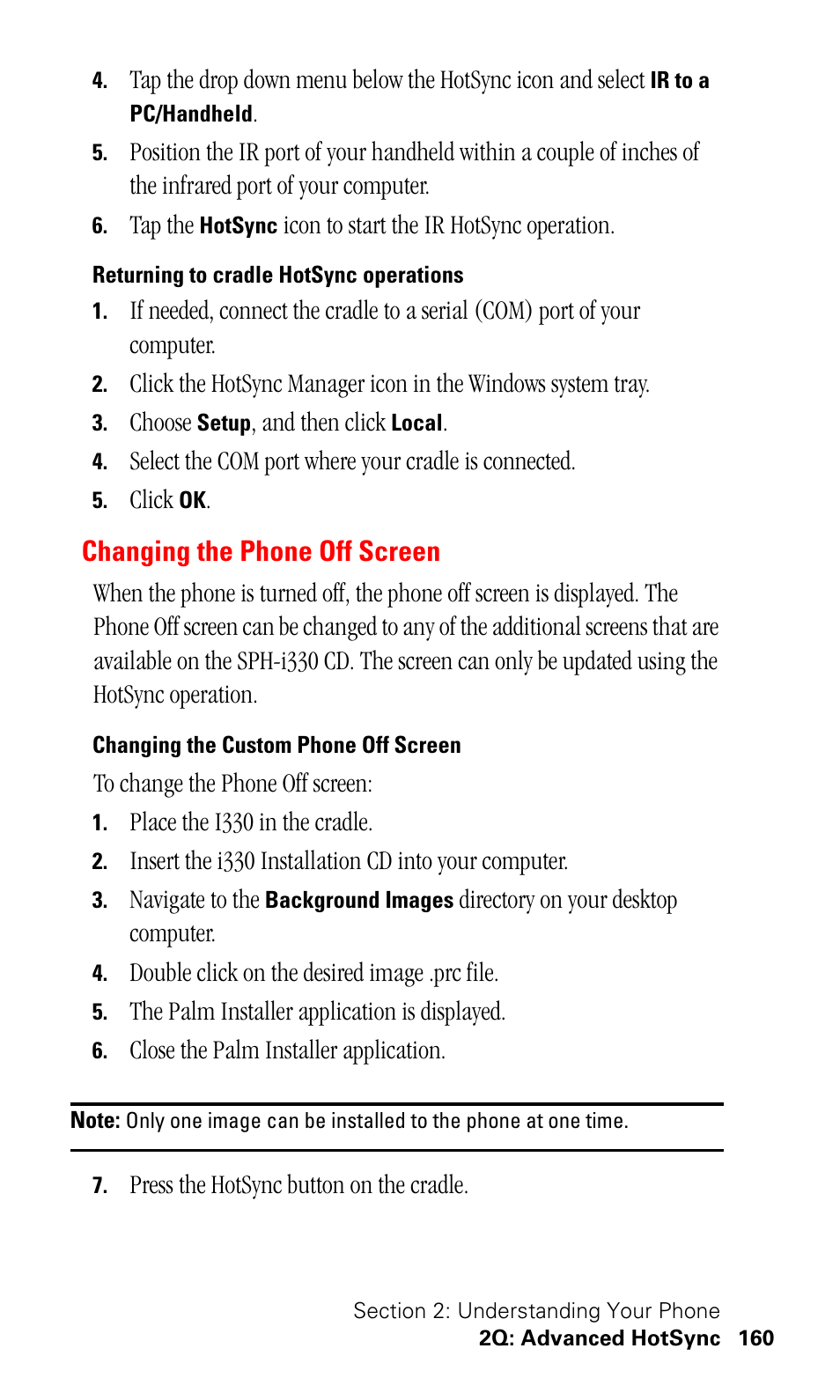 Returning to cradle hotsync operations, Changing the phone off screen, Changing the custom phone off screen | Samsung SPH-I330 User Manual | Page 164 / 206