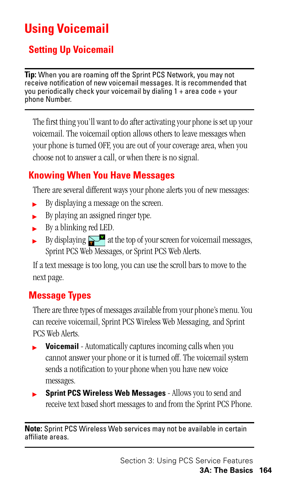 Using voicemail, Setting up voicemail, Knowing when you have messages | Message types, By displaying a message on the screen, By playing an assigned ringer type, By a blinking red led | Samsung SPH-I330 User Manual | Page 168 / 206