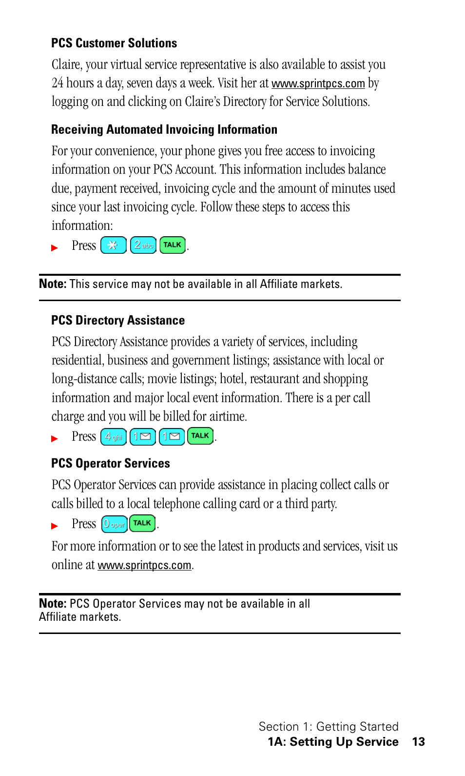 Pcs customer solutions, Receiving automated invoicing information, Pcs directory assistance | Pcs operator services, Press | Samsung SPH-I330 User Manual | Page 17 / 206