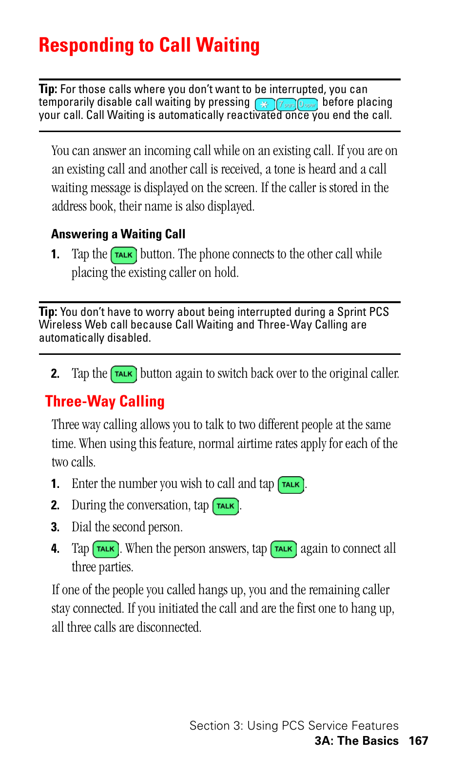 Responding to call waiting, Answering a waiting call, Three-way calling | Samsung SPH-I330 User Manual | Page 171 / 206
