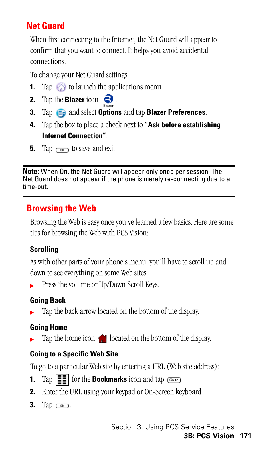 Net guard, Browsing the web, Scrolling | Going back, Going home, Going to a specific web site | Samsung SPH-I330 User Manual | Page 175 / 206