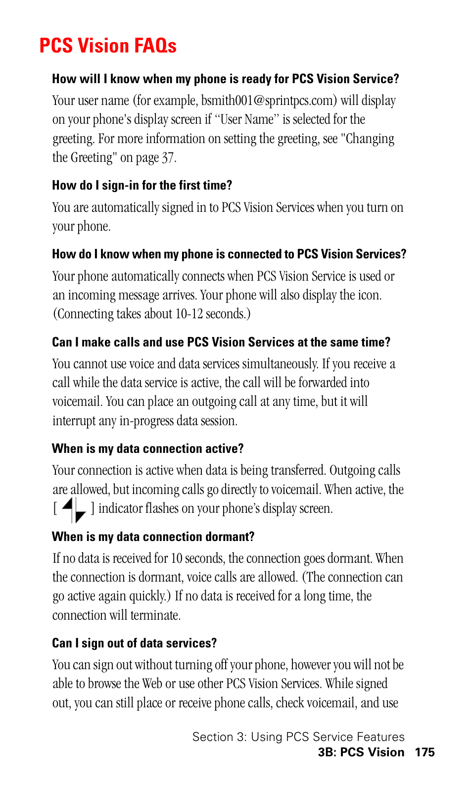Pcs vision faqs, How do i sign-in for the first time, When is my data connection active | When is my data connection dormant, Can i sign out of data services | Samsung SPH-I330 User Manual | Page 179 / 206