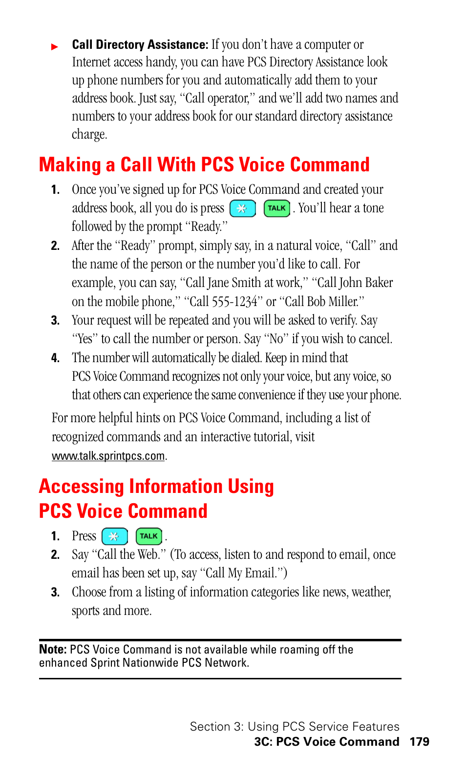 Making a call with pcs voice command, Accessing information using pcs voice command | Samsung SPH-I330 User Manual | Page 183 / 206