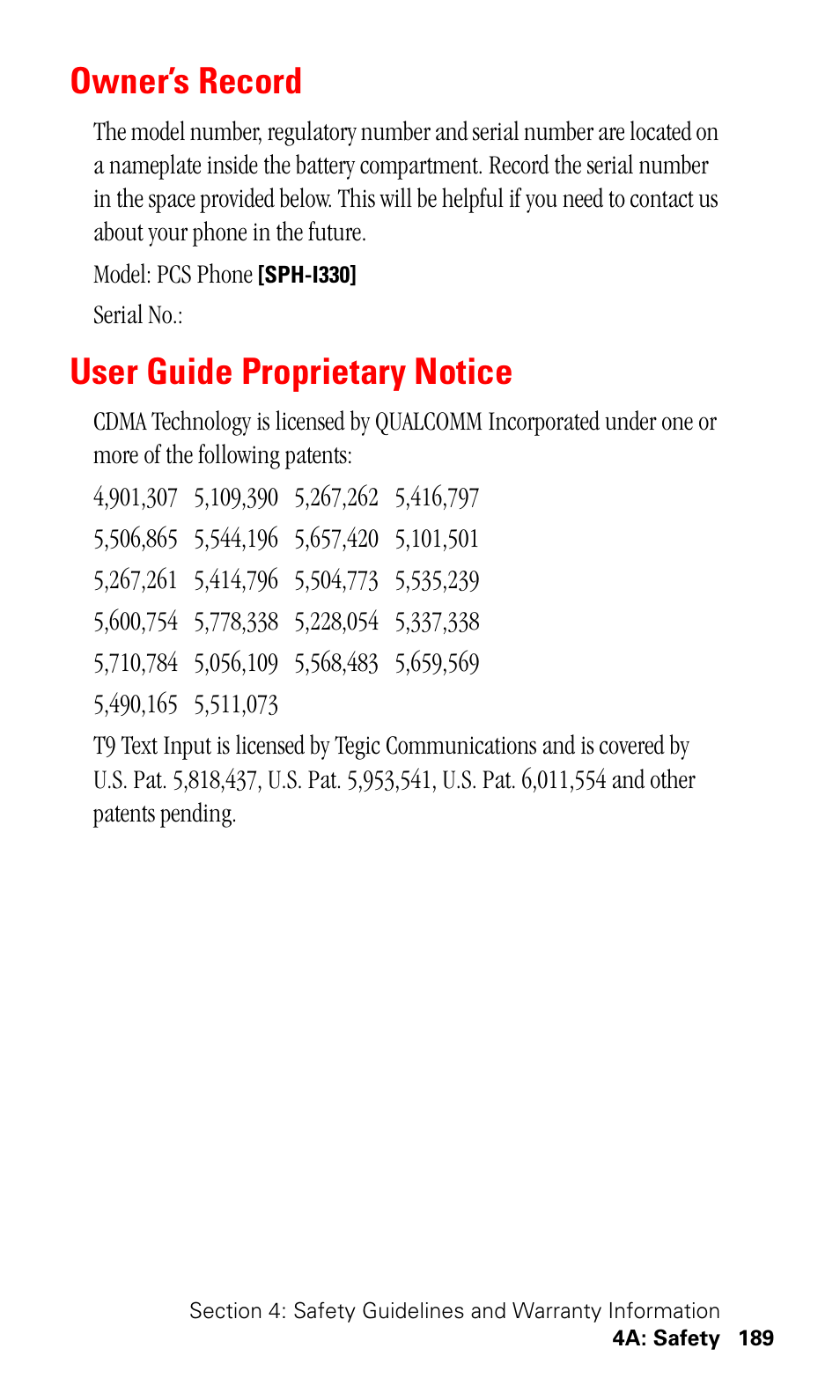Owner’s record, User guide proprietary notice | Samsung SPH-I330 User Manual | Page 193 / 206