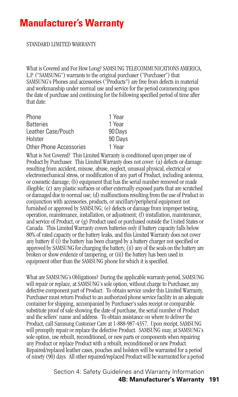 Manufacturer’s warranty | Samsung SPH-I330 User Manual | Page 195 / 206