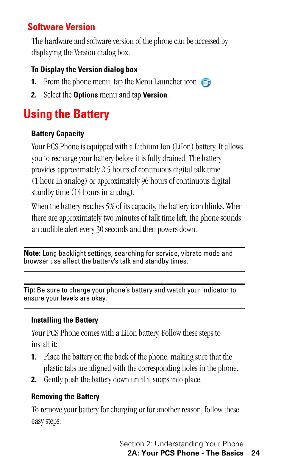Software version, To display the version dialog box, Using the battery | Battery capacity, Installing the battery, Removing the battery | Samsung SPH-I330 User Manual | Page 28 / 206