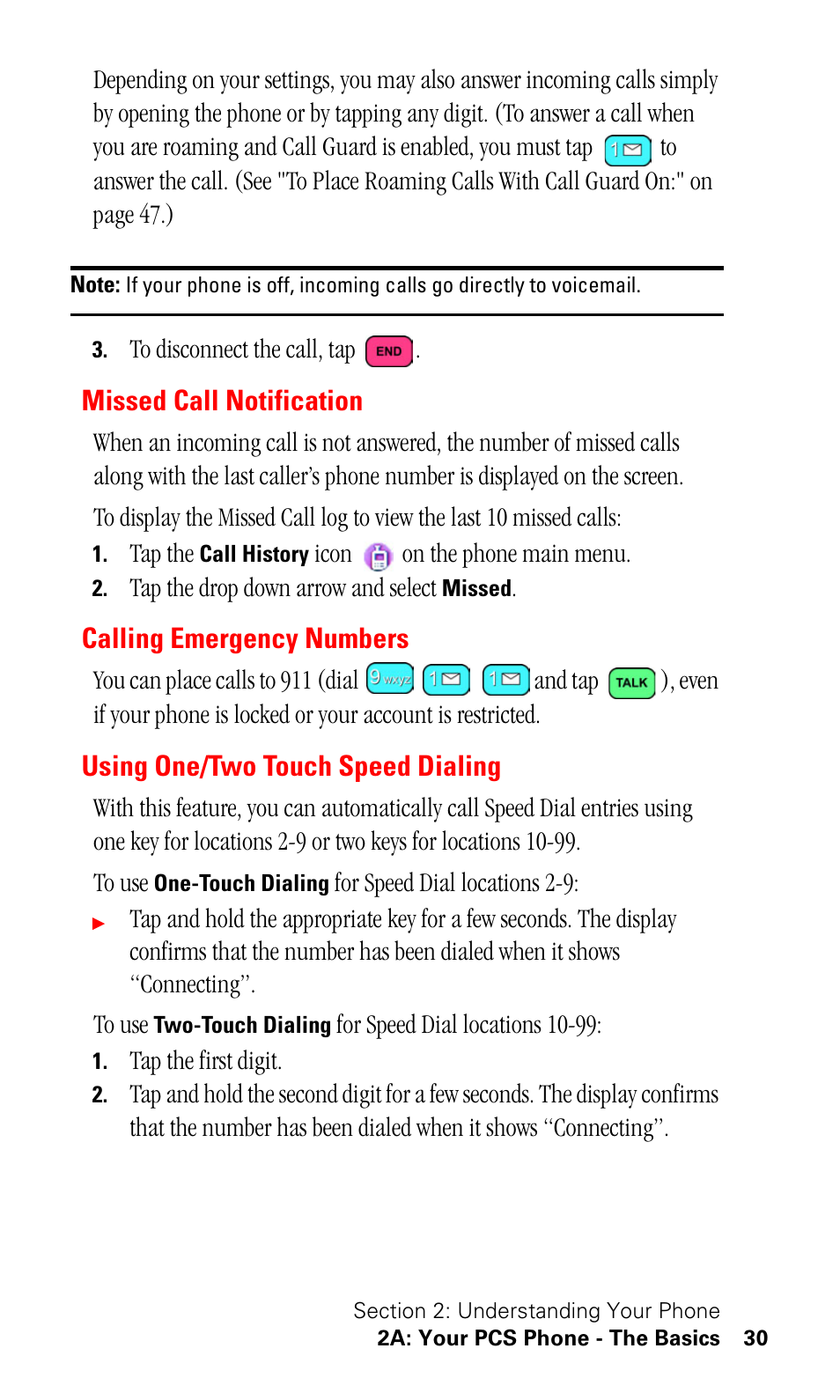 Missed call notification, Calling emergency numbers, Using one/two touch speed dialing | Samsung SPH-I330 User Manual | Page 34 / 206