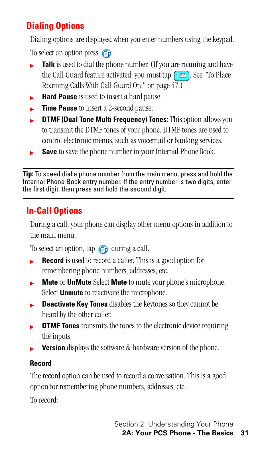 Dialing options, In-call options, Record | Is used to insert a hard pause, Select | Samsung SPH-I330 User Manual | Page 35 / 206
