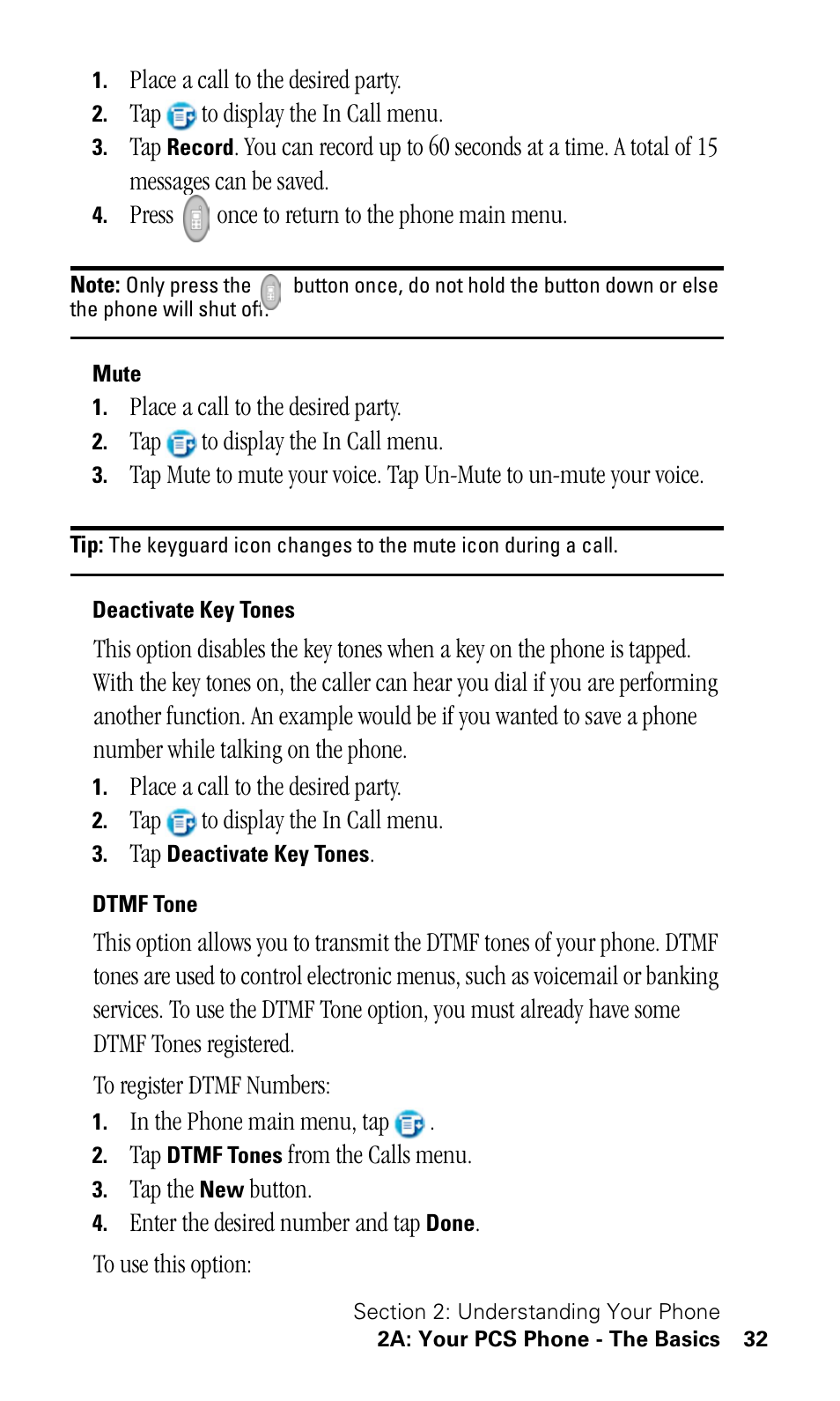Mute, Deactivate key tones, Dtmf tone | Samsung SPH-I330 User Manual | Page 36 / 206