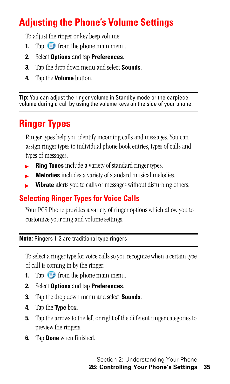 Adjusting the phone’s volume settings, Ringer types, Selecting ringer types for voice calls | Samsung SPH-I330 User Manual | Page 39 / 206