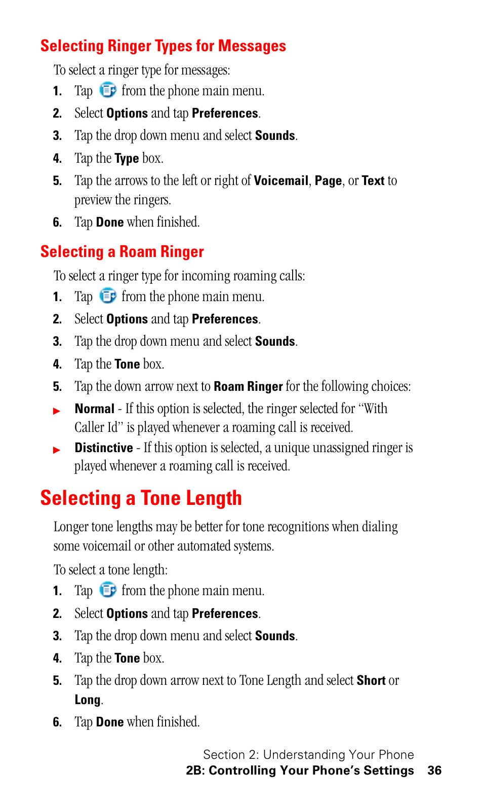 Selecting ringer types for messages, Selecting a roam ringer, Selecting a tone length | Samsung SPH-I330 User Manual | Page 40 / 206