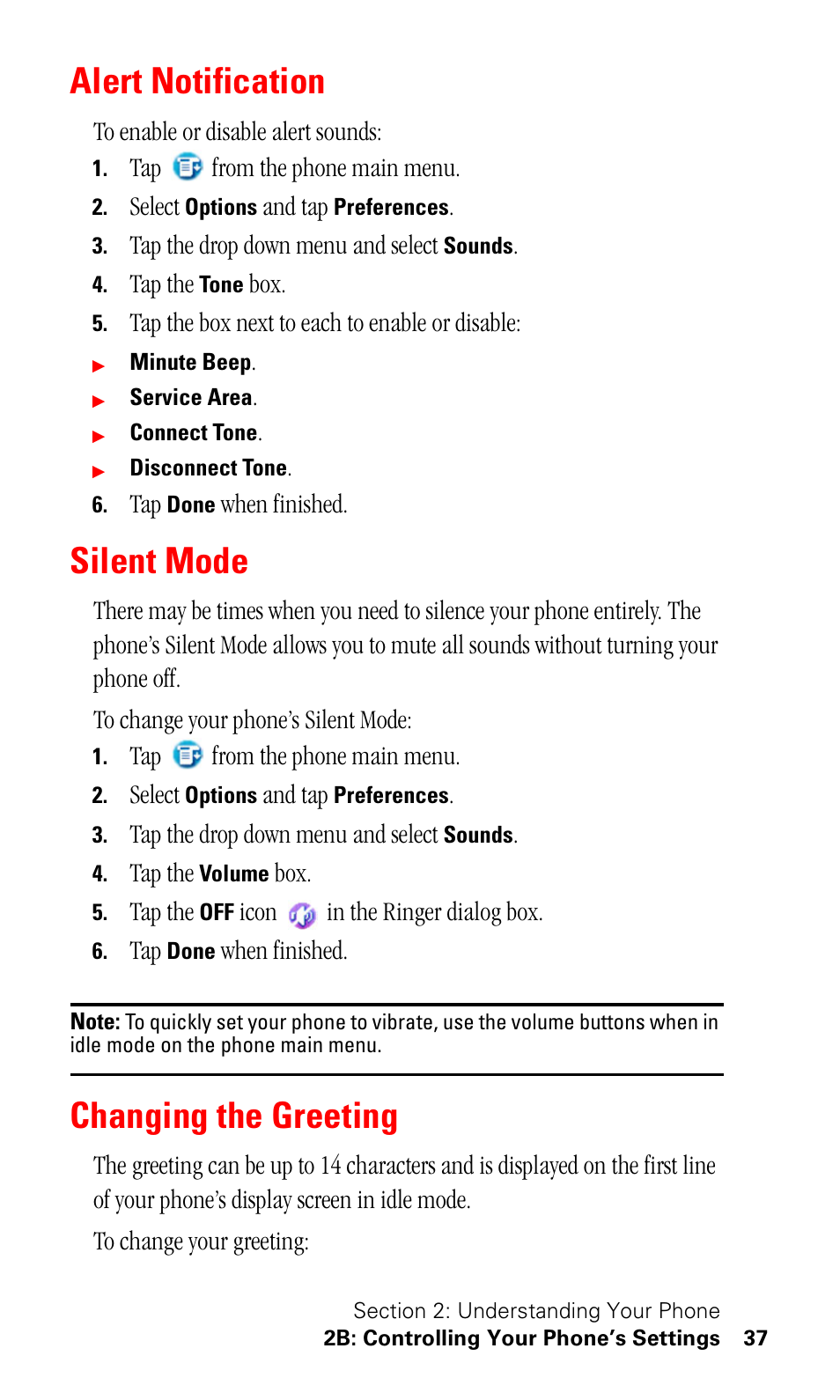 Alert notification, Silent mode, Changing the greeting | Samsung SPH-I330 User Manual | Page 41 / 206