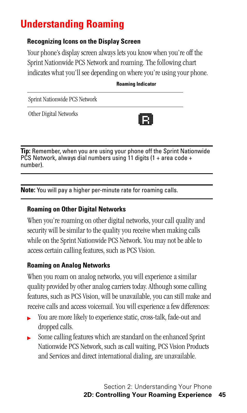 Understanding roaming, Recognizing icons on the display screen, Roaming on other digital networks | Roaming on analog networks | Samsung SPH-I330 User Manual | Page 49 / 206