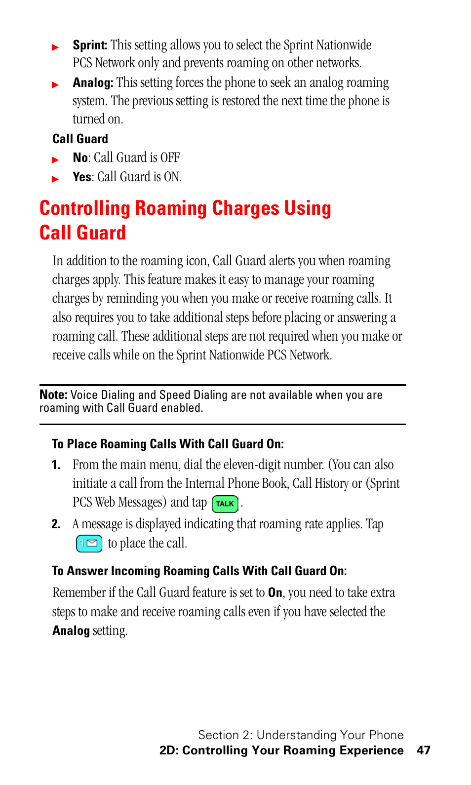 Controlling roaming charges using call guard, To place roaming calls with call guard on, Call guard is off | Call guard is on, Remember if the call guard feature is set to, Setting | Samsung SPH-I330 User Manual | Page 51 / 206
