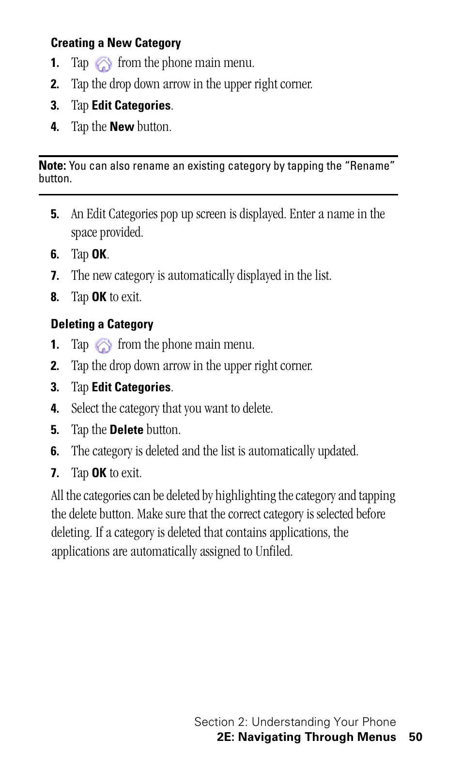 Creating a new category, Deleting a category | Samsung SPH-I330 User Manual | Page 54 / 206