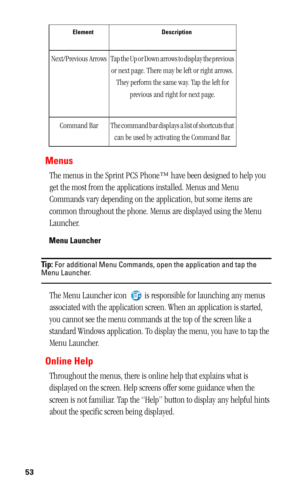 Menus, Menu launcher, Online help | Samsung SPH-I330 User Manual | Page 57 / 206