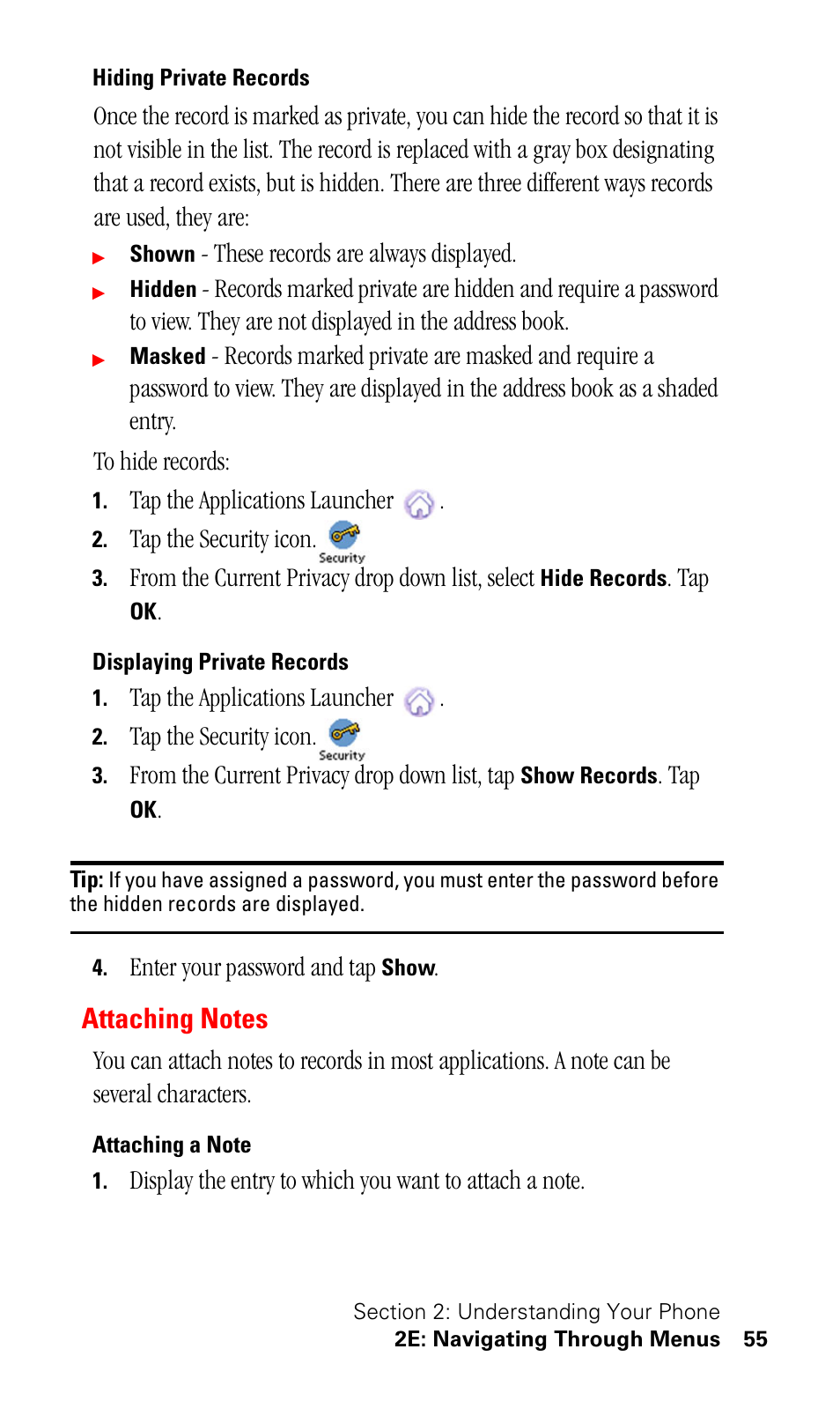 Hiding private records, Displaying private records, Attaching notes | Attaching a note | Samsung SPH-I330 User Manual | Page 59 / 206
