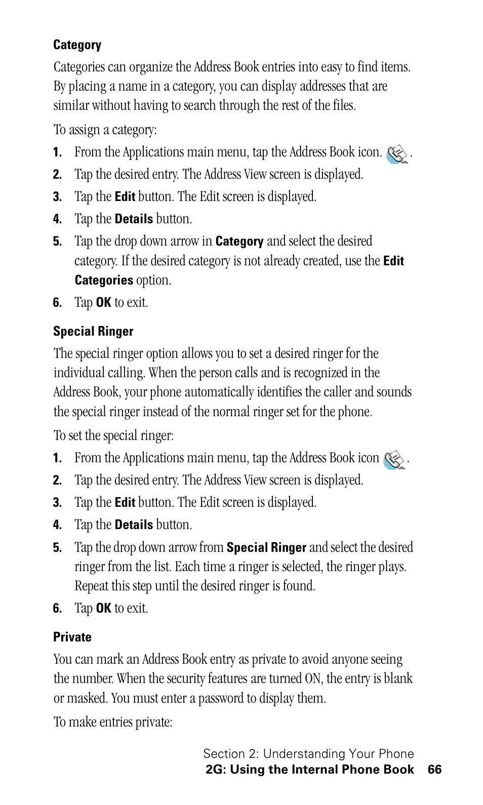 Category, Special ringer, Private | Samsung SPH-I330 User Manual | Page 70 / 206