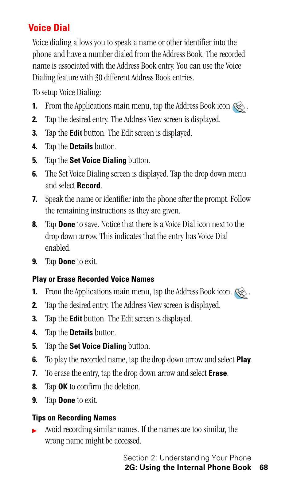 Voice dial, Play or erase recorded voice names, Tips on recording names | Samsung SPH-I330 User Manual | Page 72 / 206