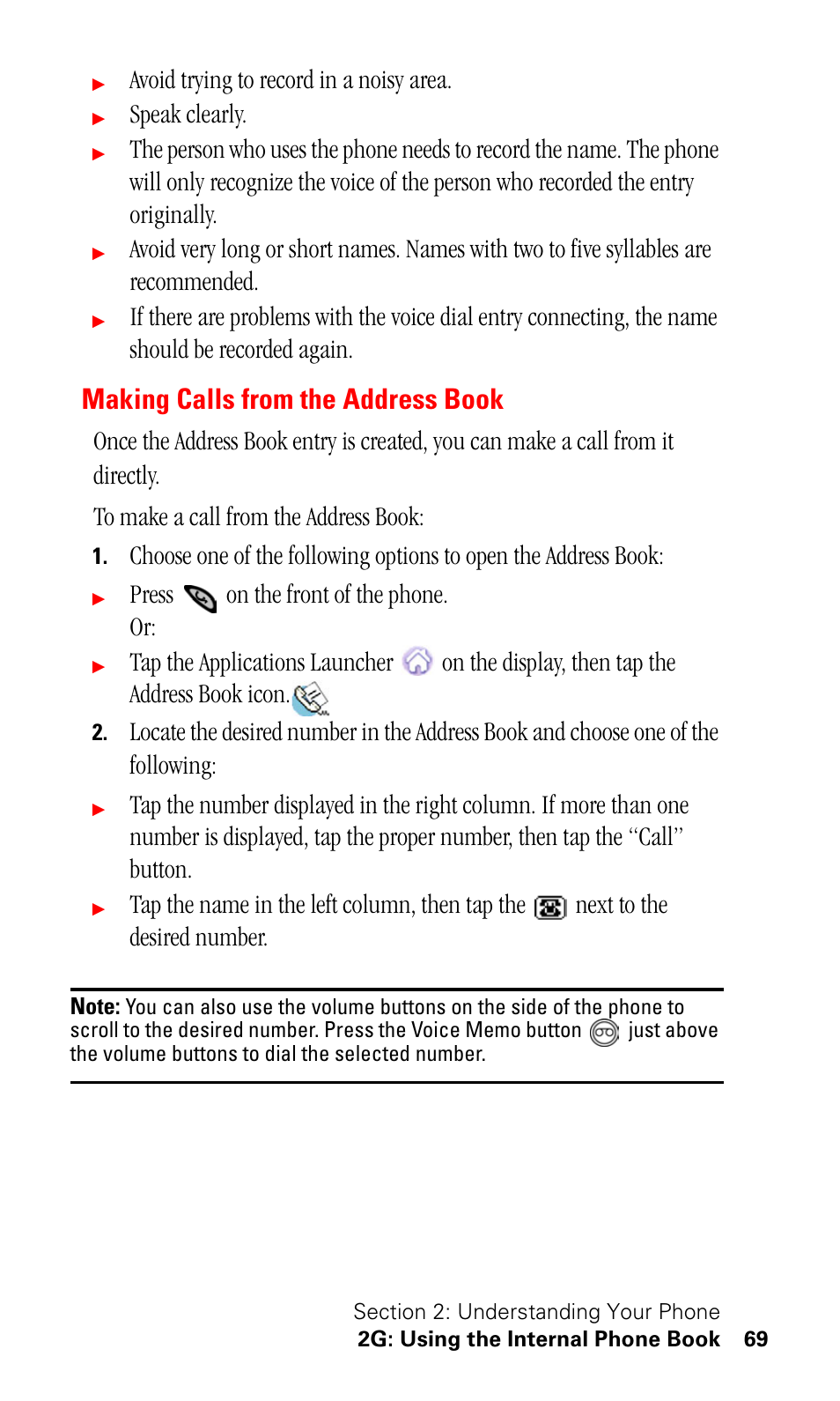 Making calls from the address book, Avoid trying to record in a noisy area, Speak clearly | Press on the front of the phone. or | Samsung SPH-I330 User Manual | Page 73 / 206