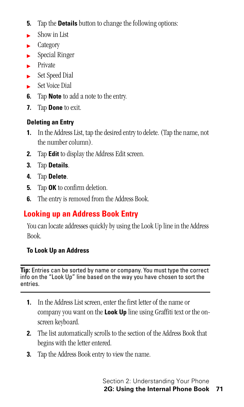 Deleting an entry, Looking up an address book entry, To look up an address | Samsung SPH-I330 User Manual | Page 75 / 206