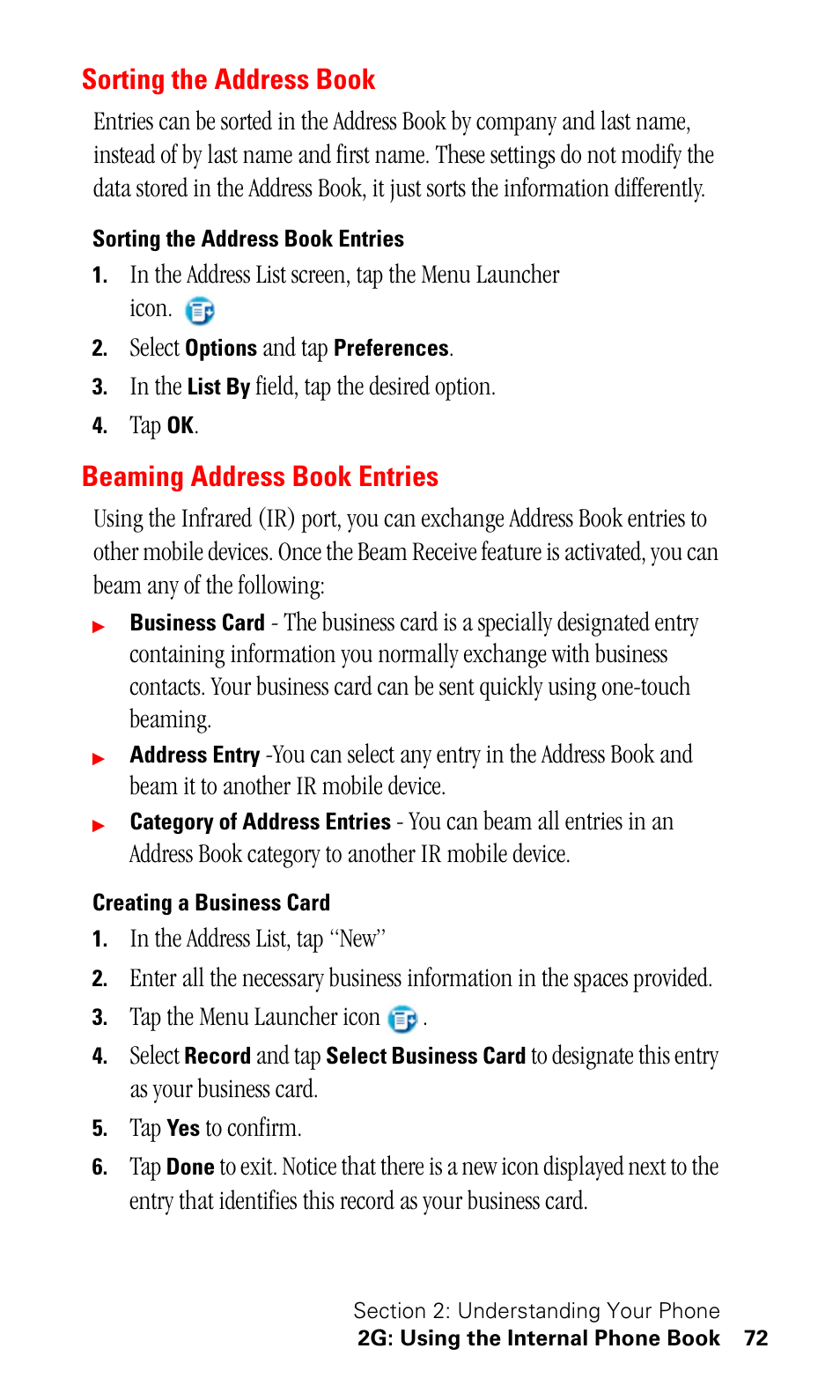 Sorting the address book, Sorting the address book entries, Beaming address book entries | Creating a business card | Samsung SPH-I330 User Manual | Page 76 / 206