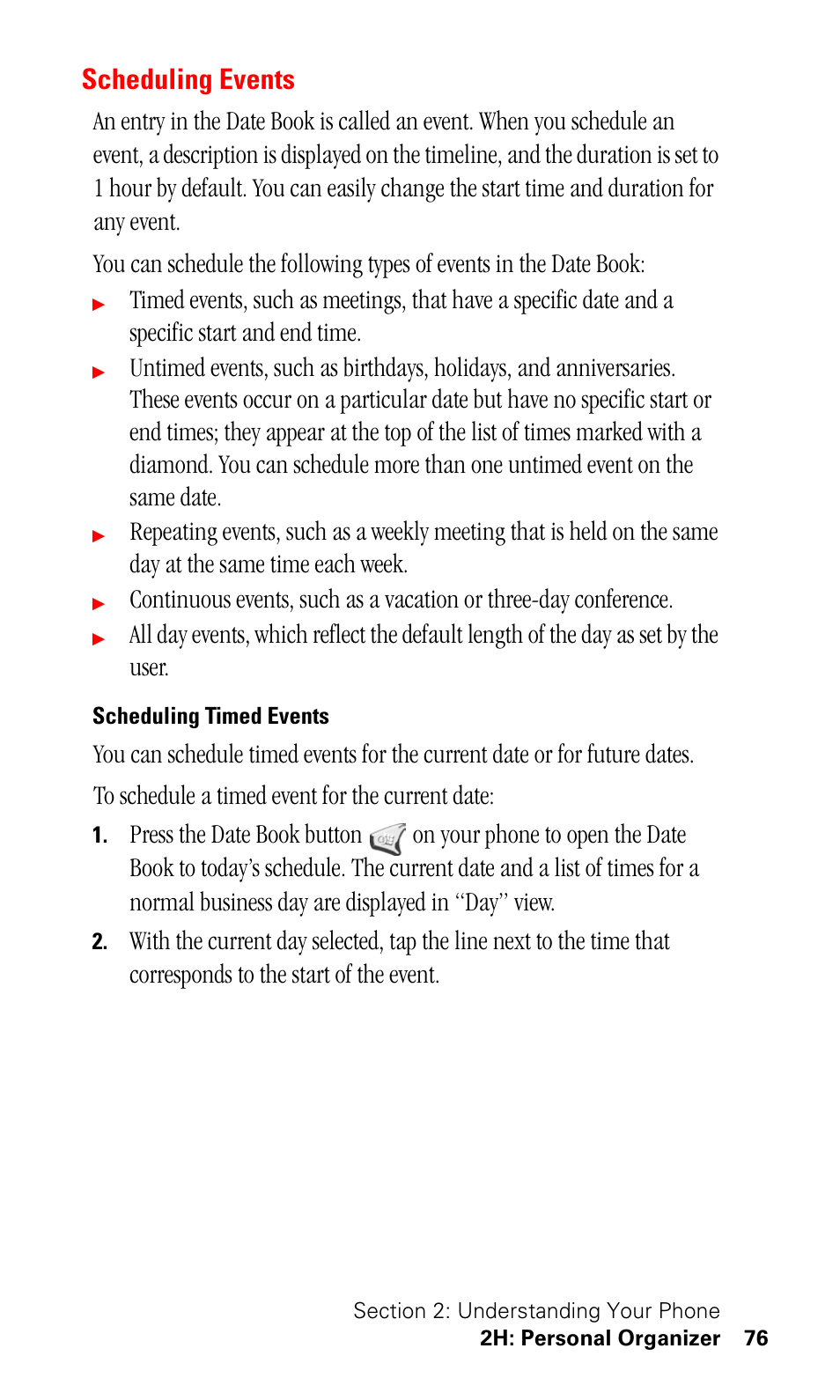 Scheduling events, Scheduling timed events | Samsung SPH-I330 User Manual | Page 80 / 206