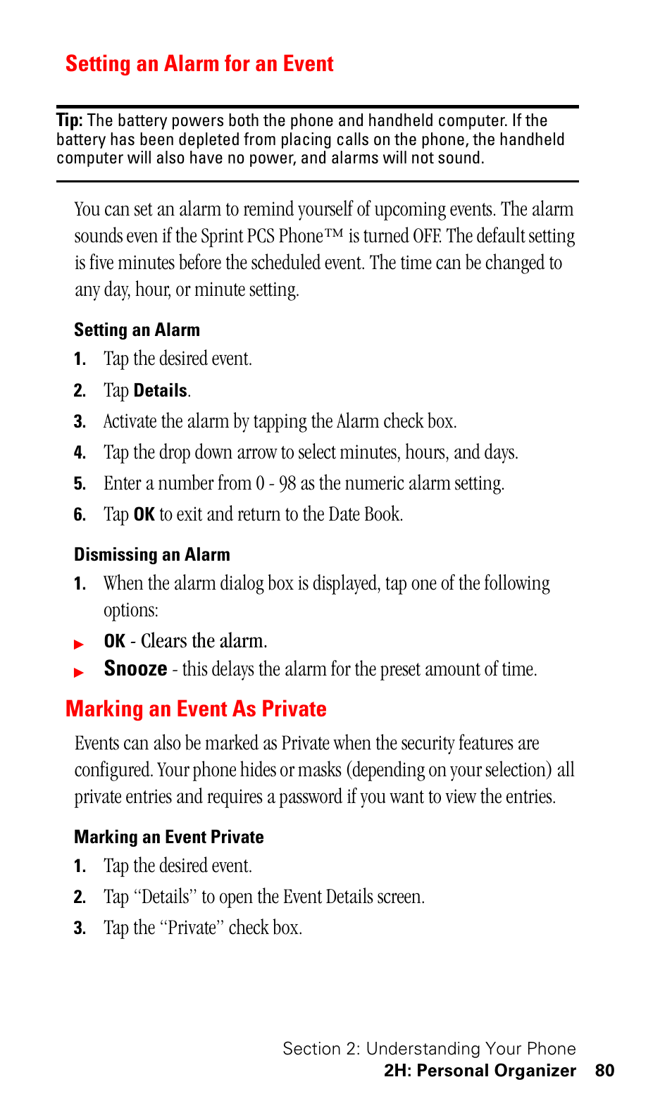 Setting an alarm for an event, Setting an alarm, Dismissing an alarm | Marking an event as private, Marking an event private | Samsung SPH-I330 User Manual | Page 84 / 206