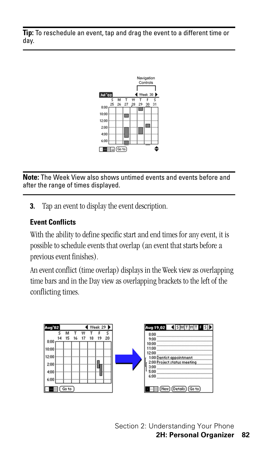 Event conflicts, Tap an event to display the event description | Samsung SPH-I330 User Manual | Page 86 / 206