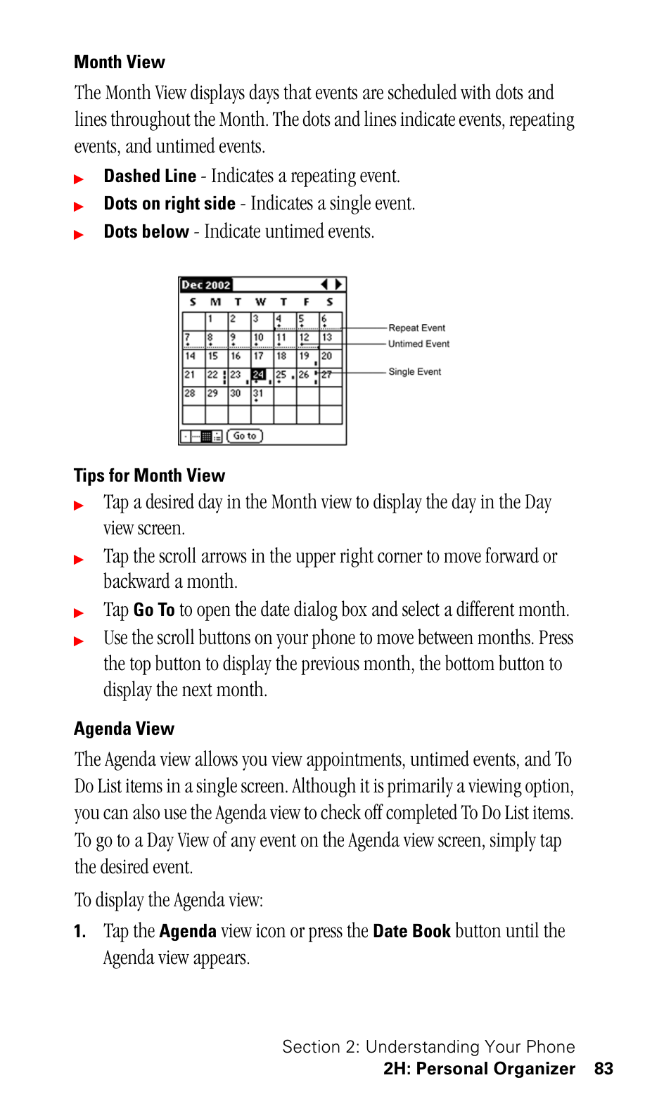 Month view, Tips for month view, Agenda view | Indicates a repeating event, Indicates a single event, Indicate untimed events, Tap the, View icon or press the, Button until the agenda view appears | Samsung SPH-I330 User Manual | Page 87 / 206