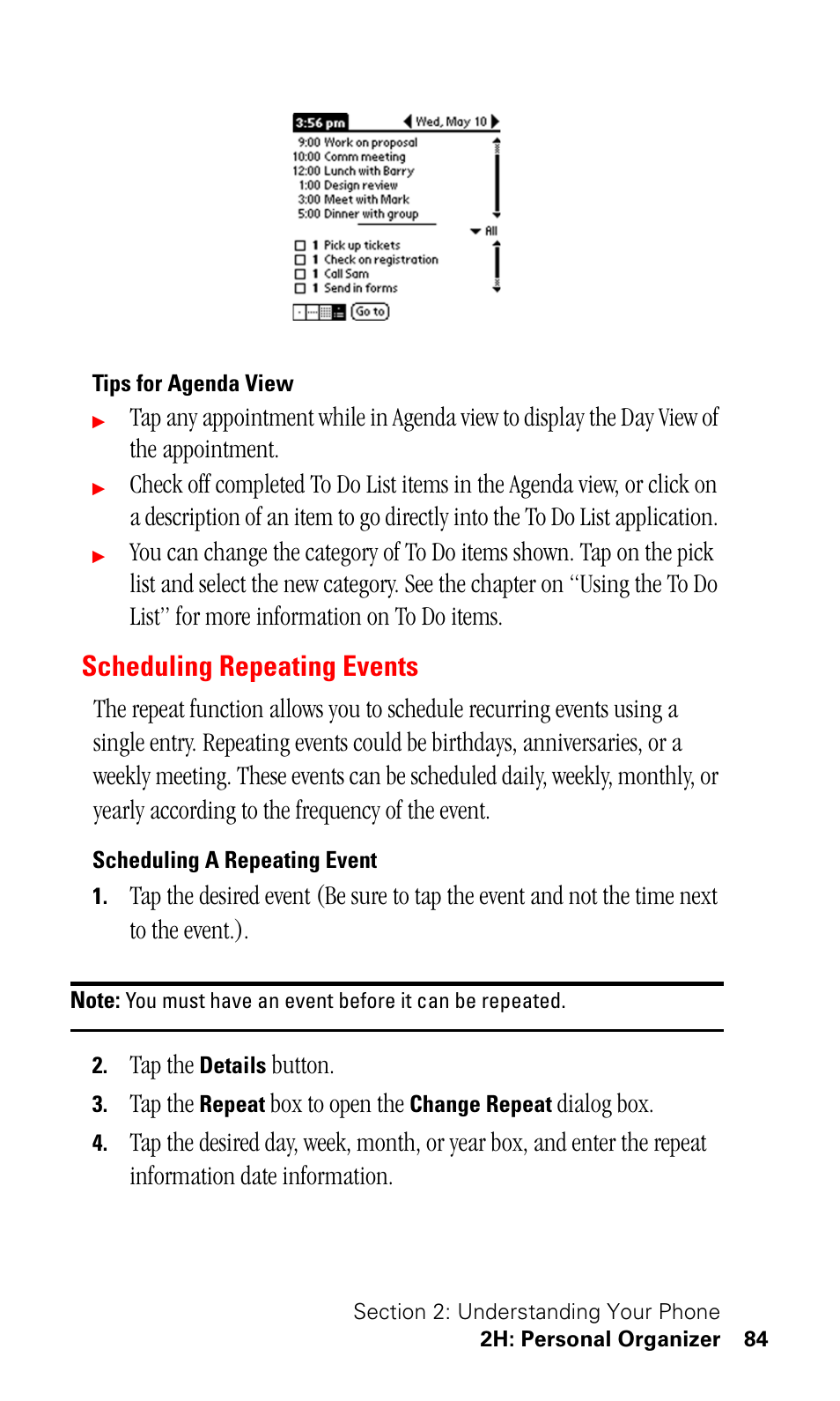 Tips for agenda view, Scheduling repeating events, Scheduling a repeating event | Tap the, Button, Box to open the, Dialog box | Samsung SPH-I330 User Manual | Page 88 / 206