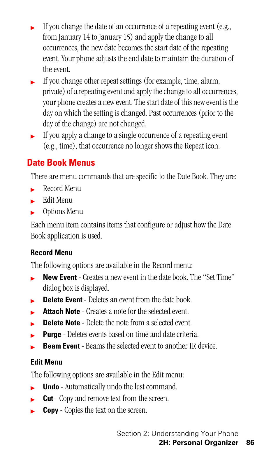 Date book menus, Record menu, Edit menu | Deletes an event from the date book, Deletes events based on time and date criteria, Beams the selected event to another ir device, Automatically undo the last command, Copy and remove text from the screen, Copies the text on the screen | Samsung SPH-I330 User Manual | Page 90 / 206