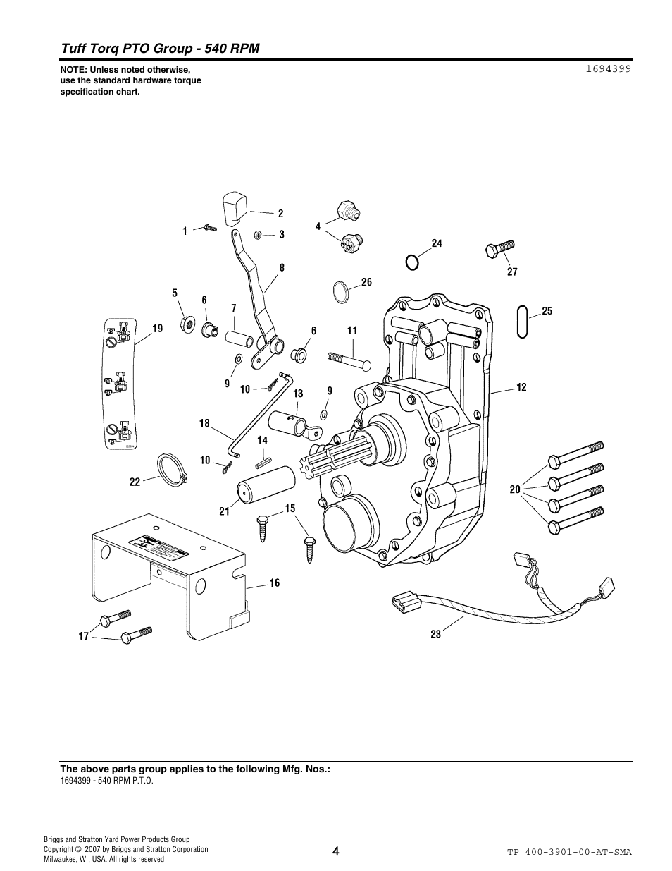 Tuff torq pto group - 540 rpm | Snapper 3901 User Manual | Page 4 / 8