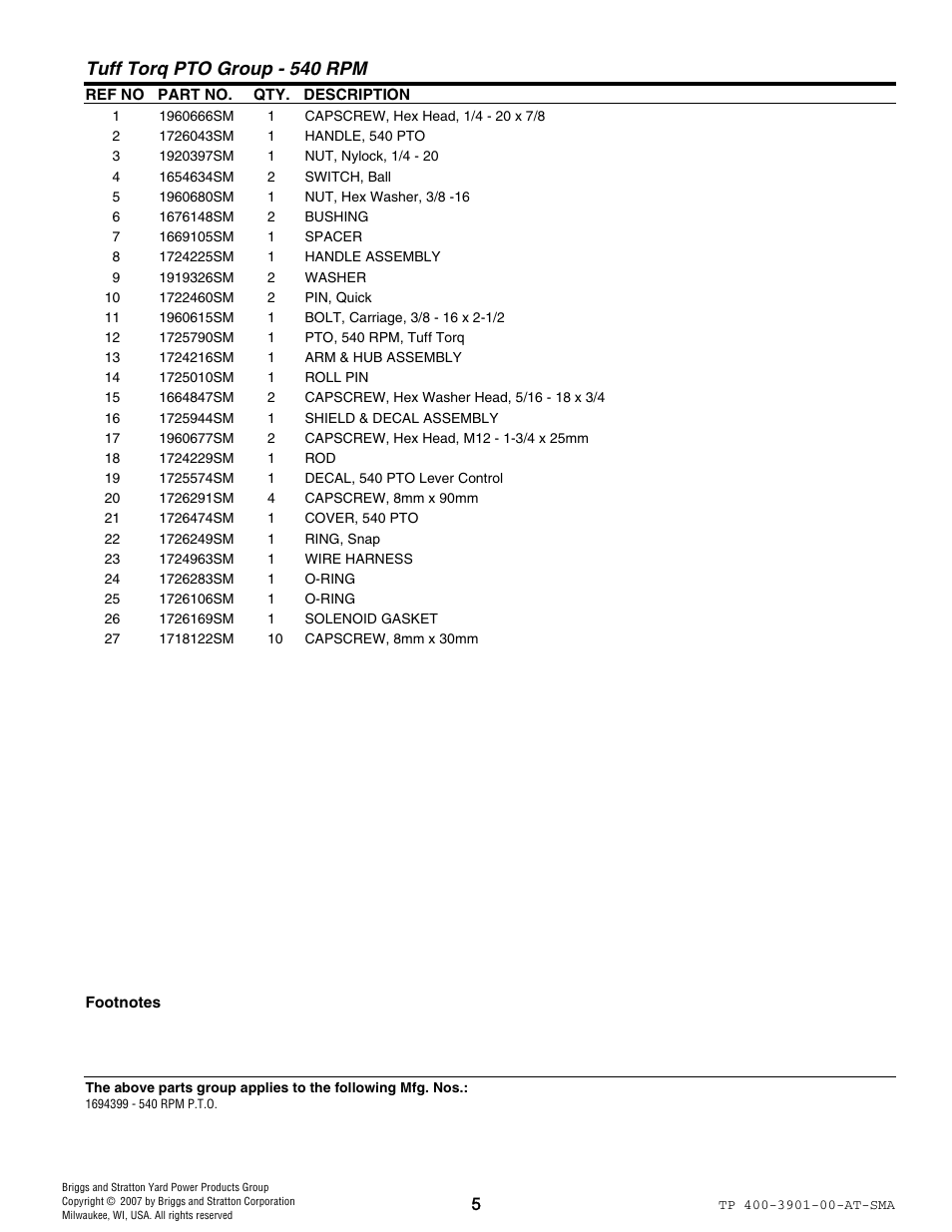 Tuff torq pto group - 540 rpm | Snapper 3901 User Manual | Page 5 / 8