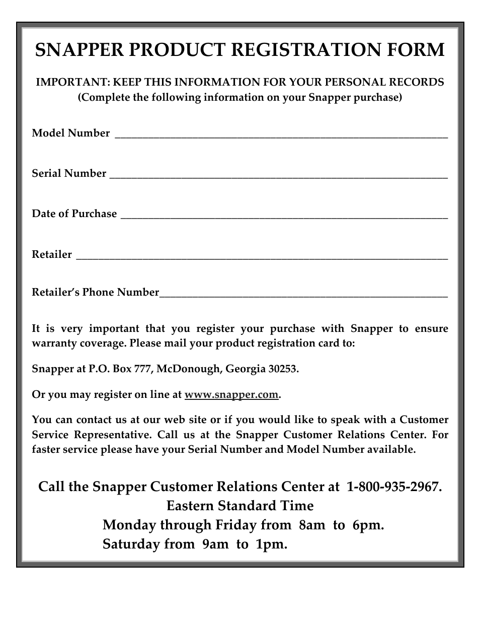 Snapper product registration form | Snapper ICFR7005BV User Manual | Page 18 / 19