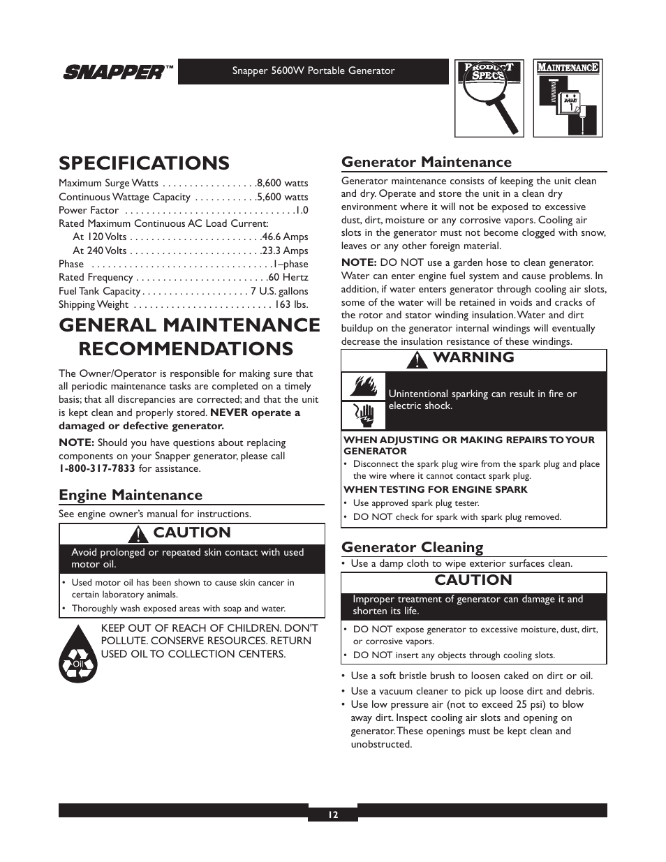 Specifications, General maintenance recommendations, Engine maintenance | Generator maintenance, Generator cleaning, Caution, Warning | Snapper 30215 User Manual | Page 12 / 28