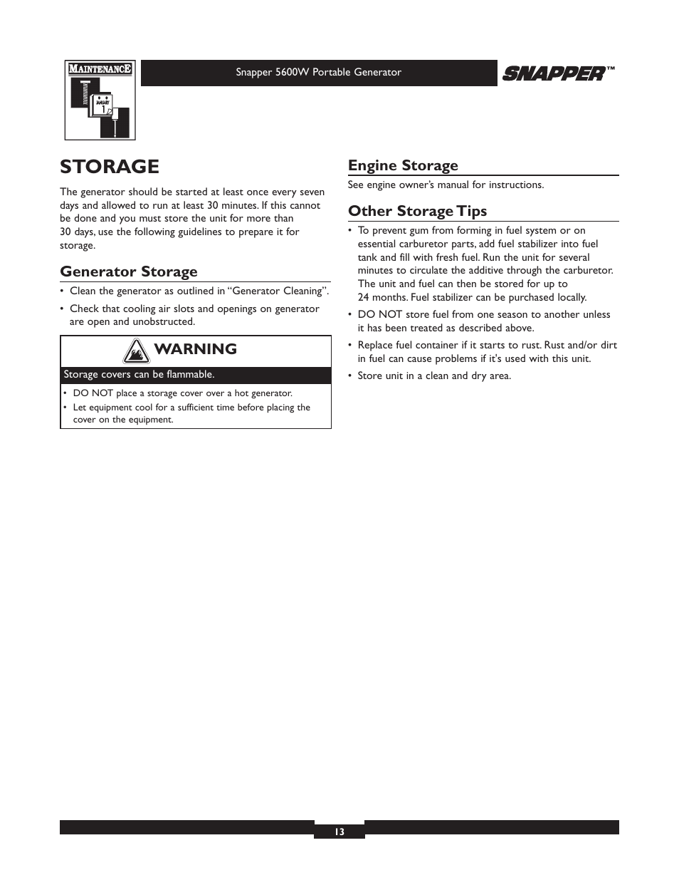 Storage, Generator storage, Engine storage | Other storage tips, Warning | Snapper 30215 User Manual | Page 13 / 28