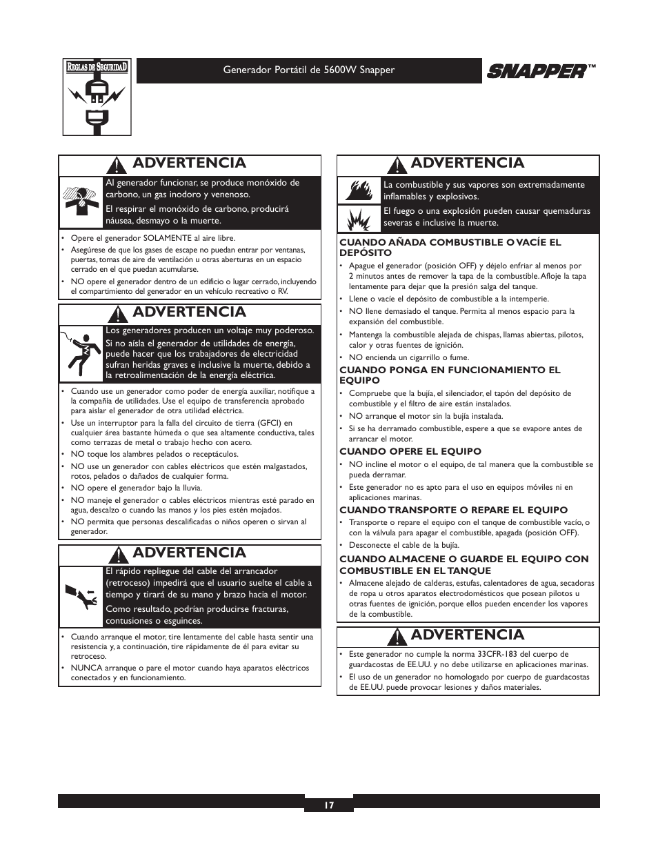 Advertencia | Snapper 30215 User Manual | Page 17 / 28