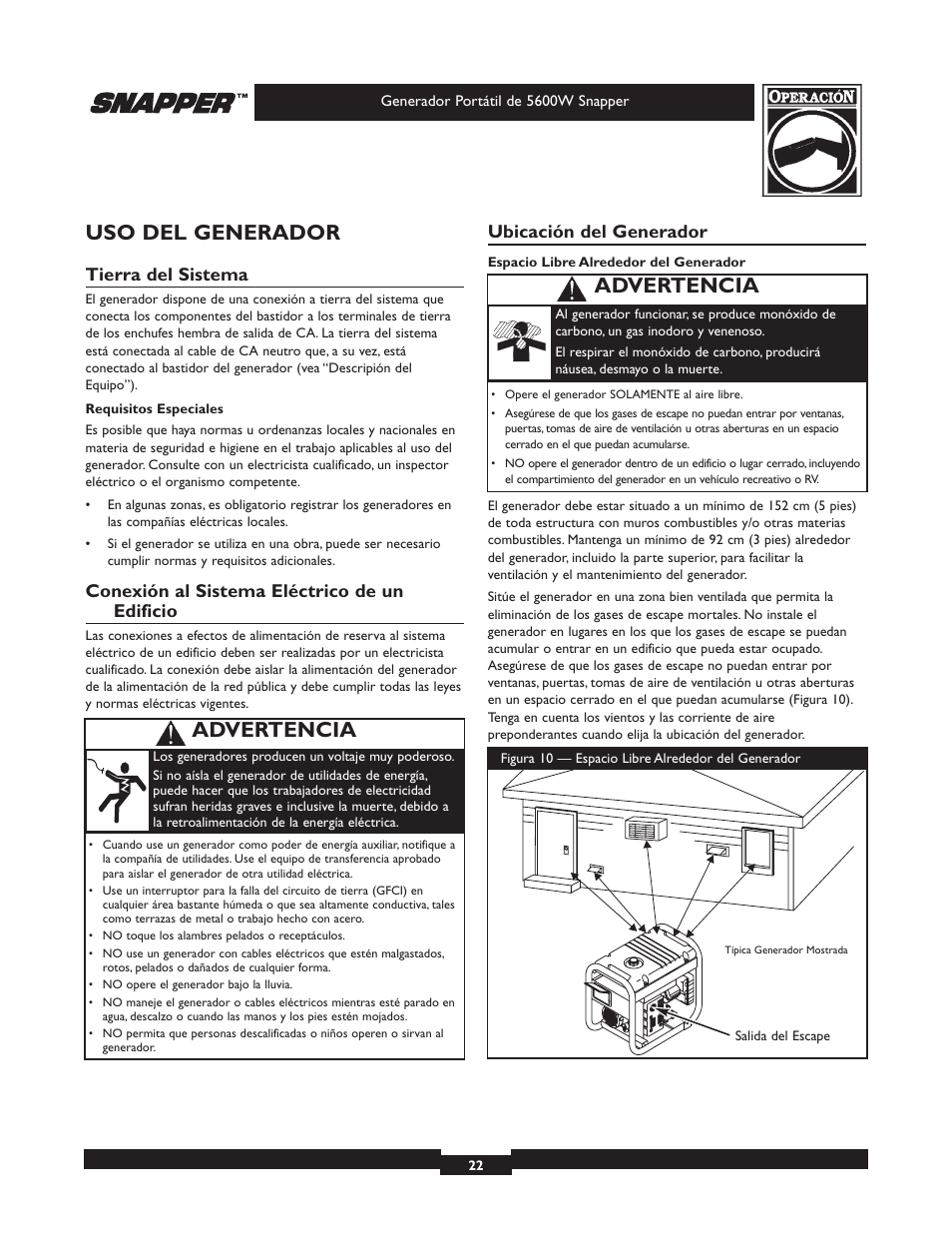 Uso del generador, Advertencia, Tierra del sistema | Conexión al sistema eléctrico de un edificio, Ubicación del generador | Snapper 30215 User Manual | Page 22 / 28