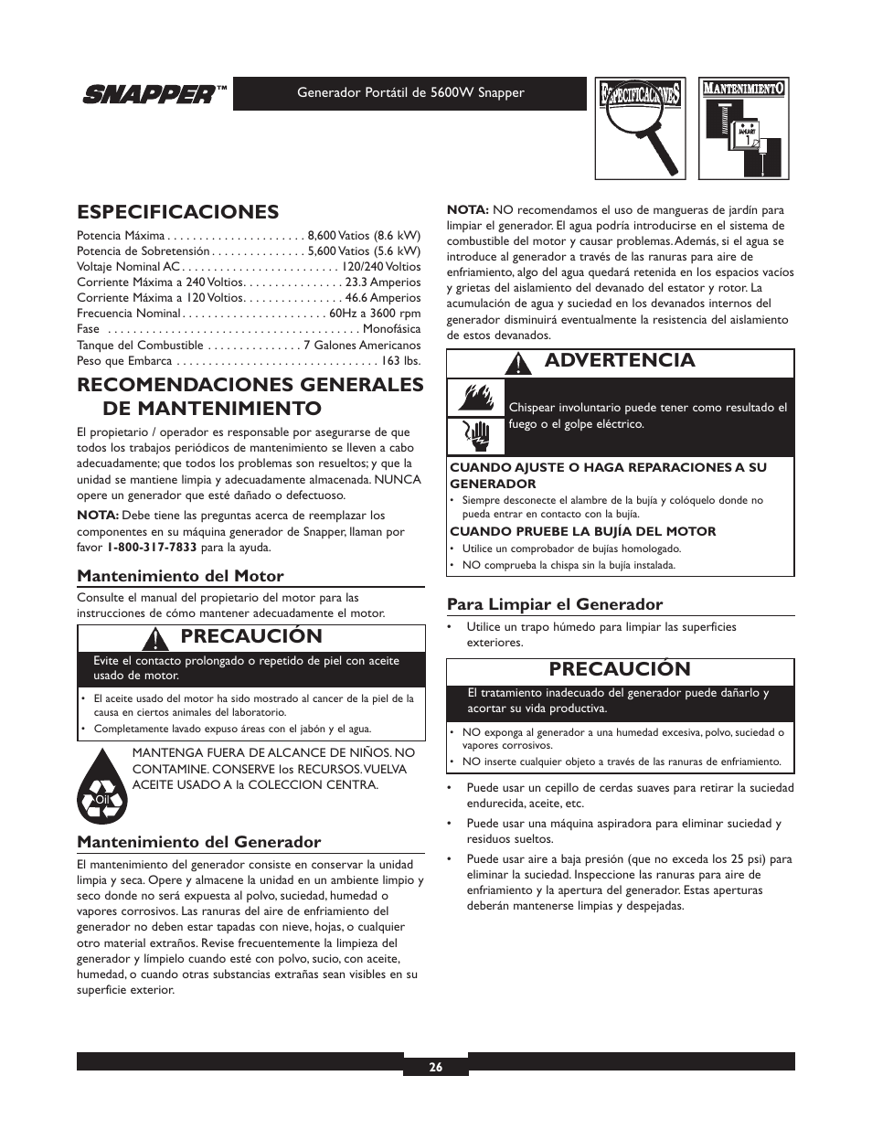 Especificaciones, Recomendaciones generales de mantenimiento, Precaución | Advertencia | Snapper 30215 User Manual | Page 26 / 28