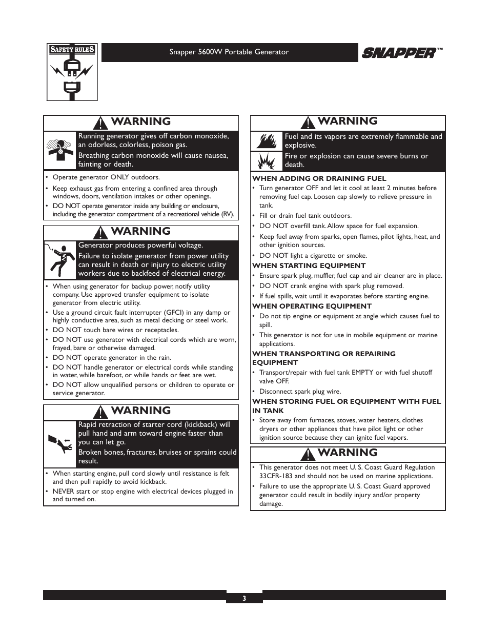 Warning | Snapper 30215 User Manual | Page 3 / 28