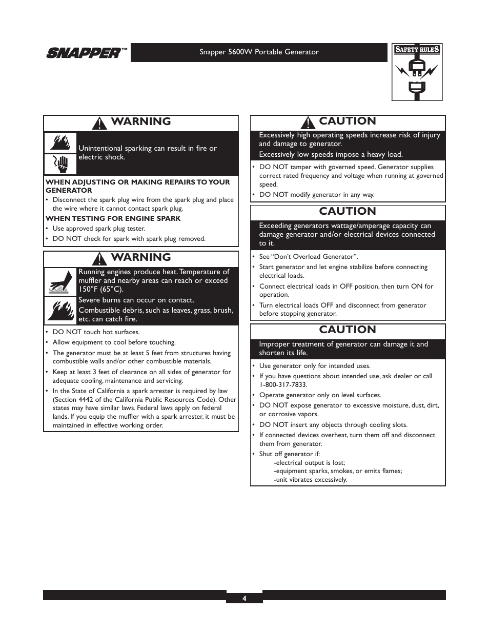 Caution, Warning | Snapper 30215 User Manual | Page 4 / 28